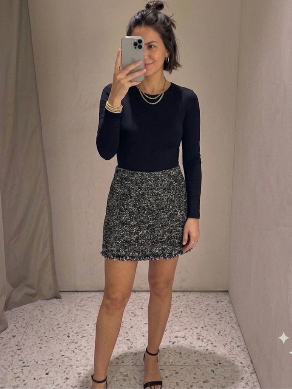 Mango Tweed Black Mini Skirt with frayed edges